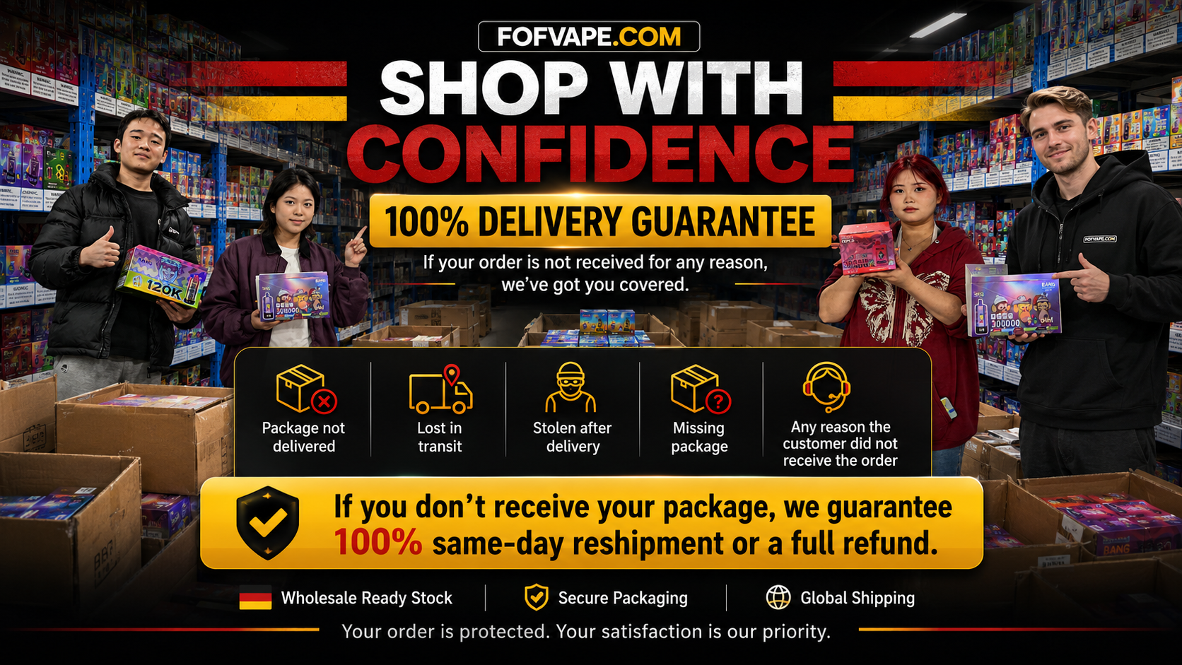 FOFVAPE.com shop with confidence: 100% delivery guarantee, secure packaging, wholesale ready stock and global shipping